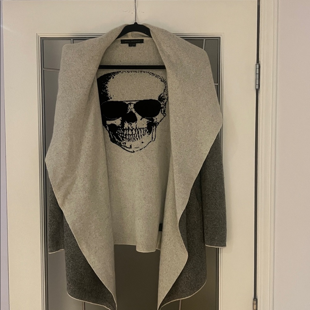 Skull Cashmere Open Front Cardigan Gray Black Off White Small - Picture 3 of 7